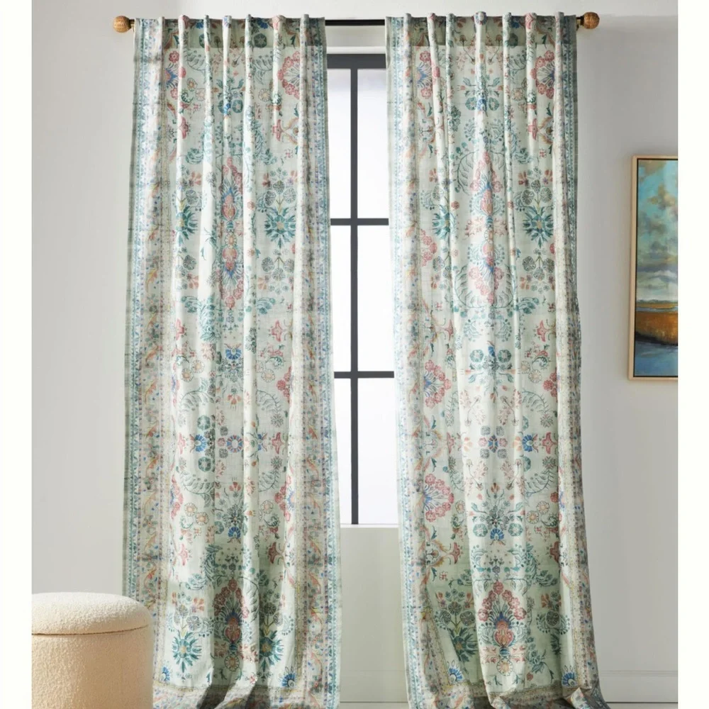 Anthropologie Teal, Coral & Cream Floral Panel Curtains